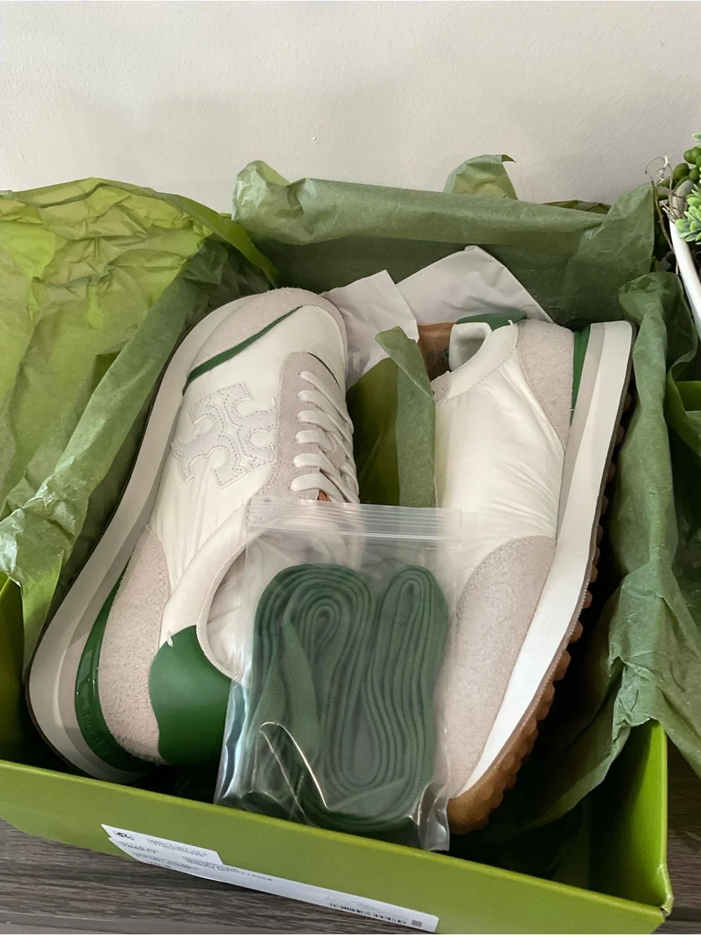 White & Green Leather Suede Sneakers